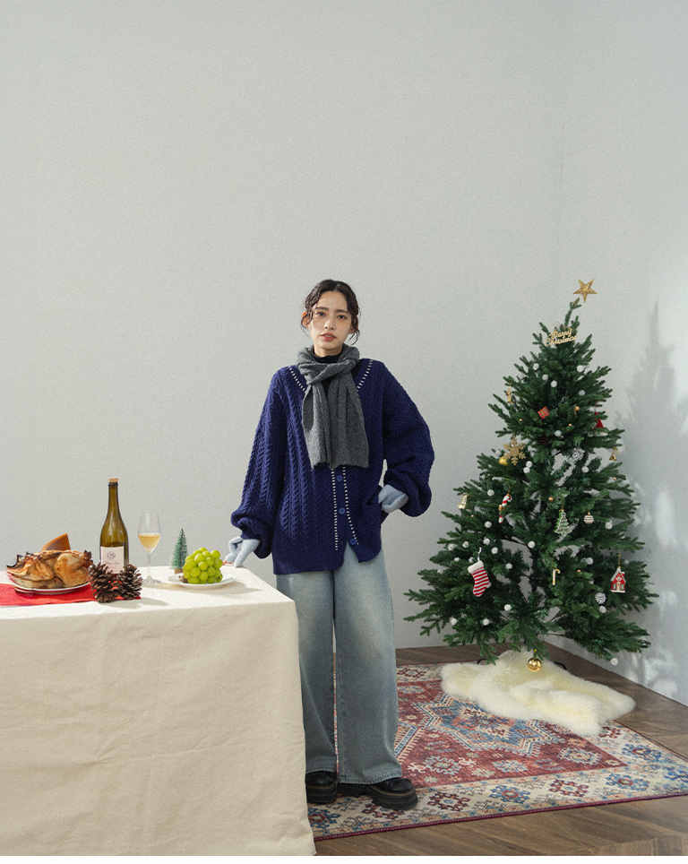 配色ステッチニットカーディガン 2色展開