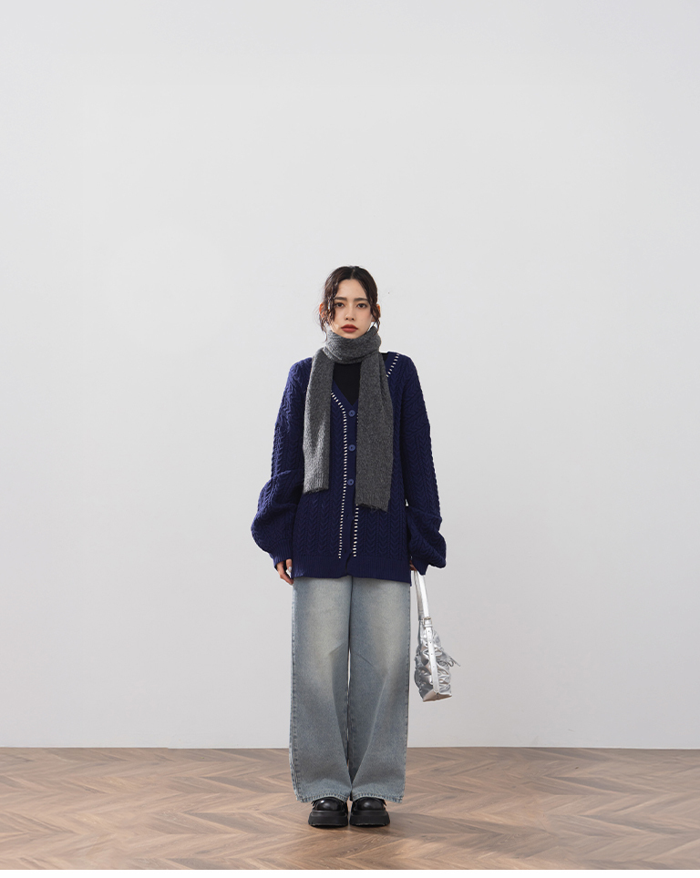 配色ステッチニットカーディガン 2色展開