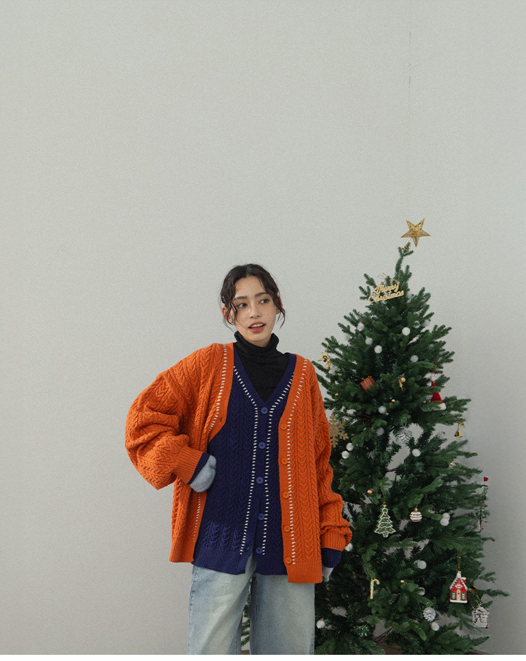 配色ステッチニットカーディガン 2色展開