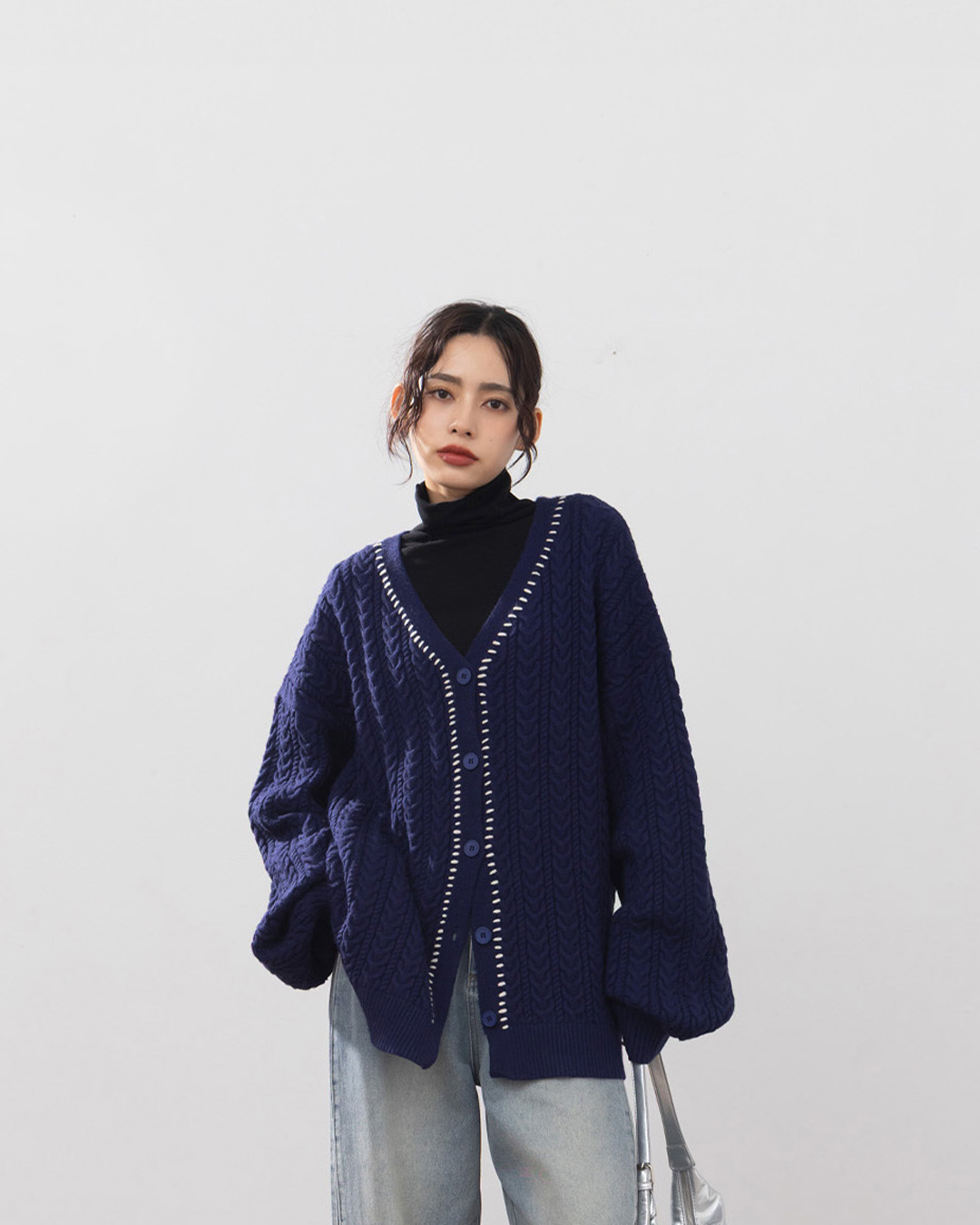 配色ステッチニットカーディガン 2色展開