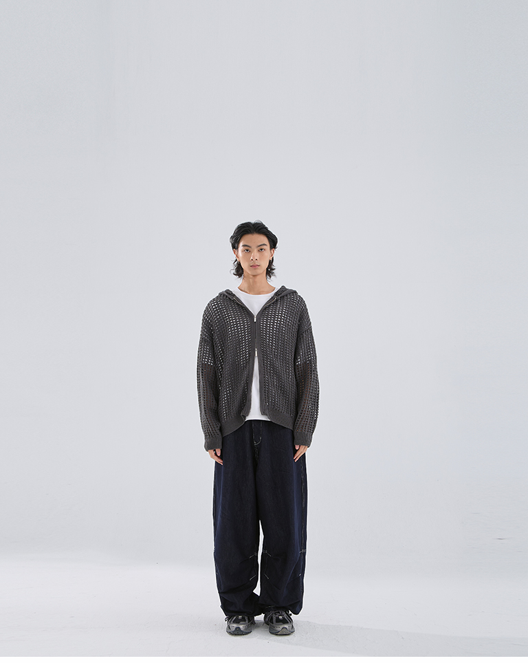 ユニセックス透かし編みニットパーカー