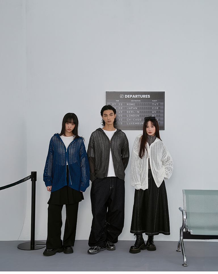 ユニセックス透かし編みニットパーカー