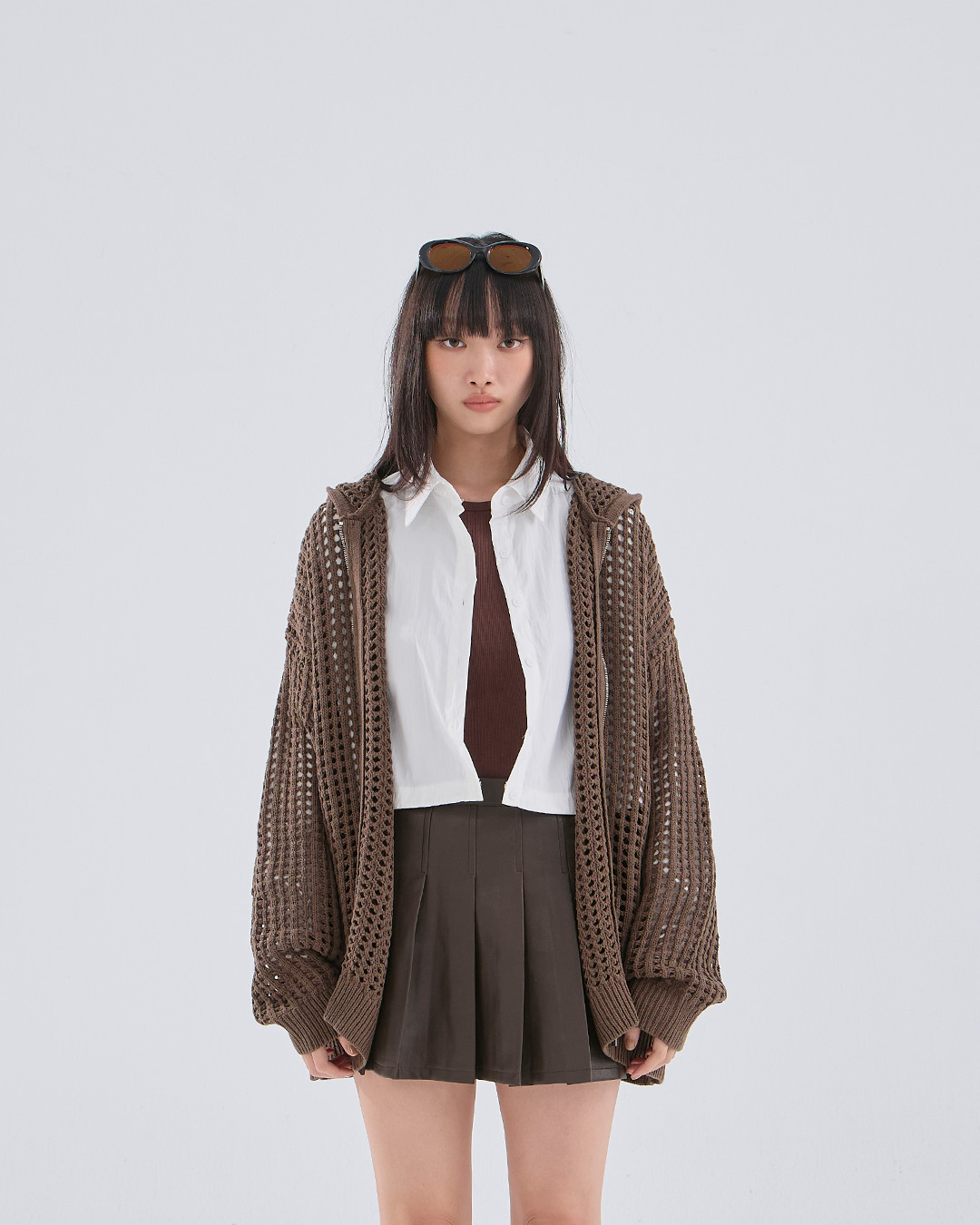 ユニセックス透かし編みニットパーカー