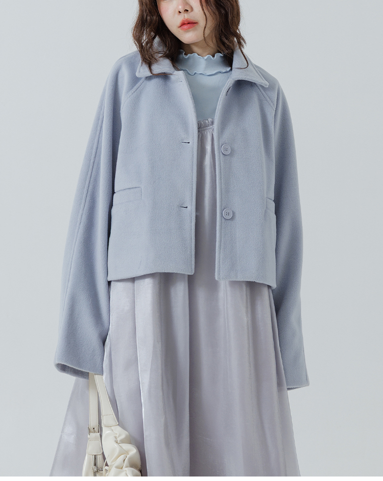 ウールブレンドボタンショートジャケット ブルー