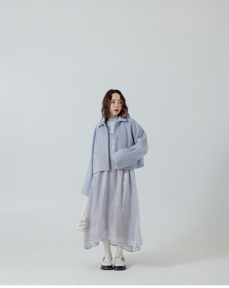 ウールブレンドボタンショートジャケット ブルー