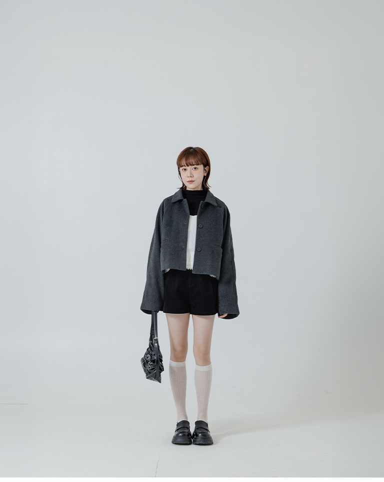 ウールブレンドボタンショートジャケット ダークグレー