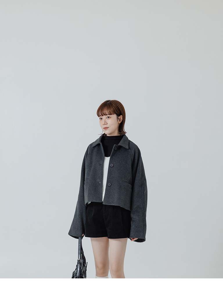 ウールブレンドボタンショートジャケット ダークグレー