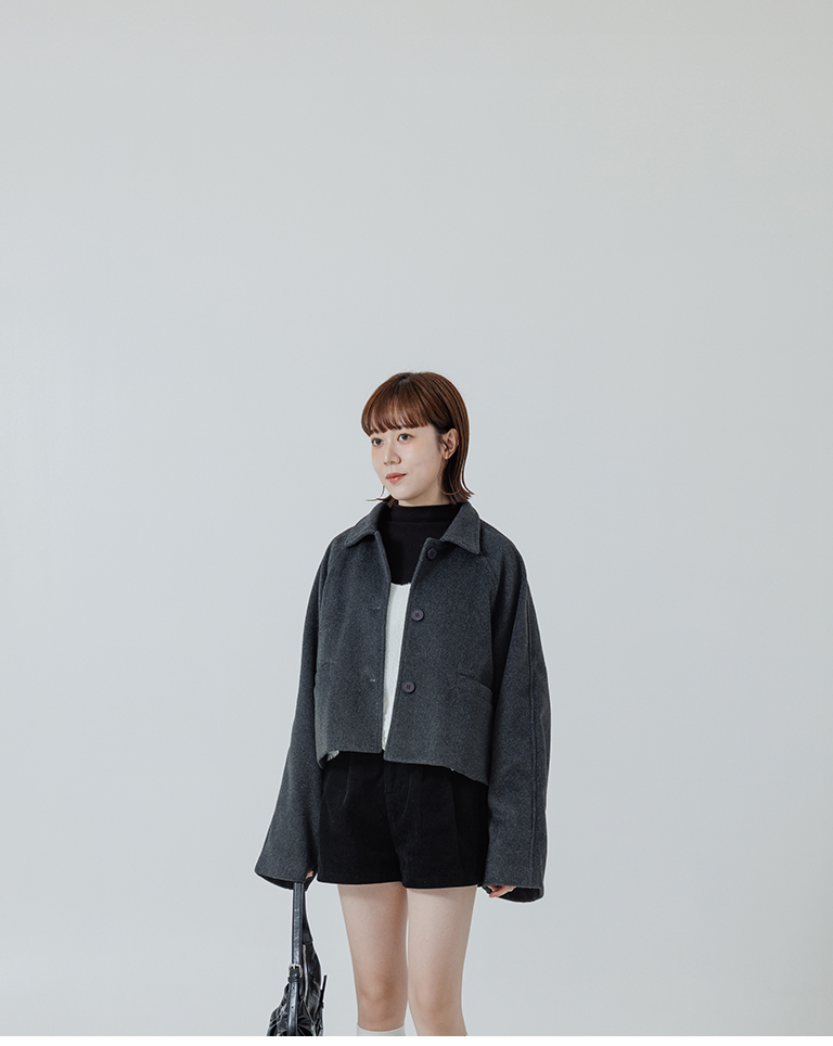 ウールブレンドボタンショートジャケット ダークグレー