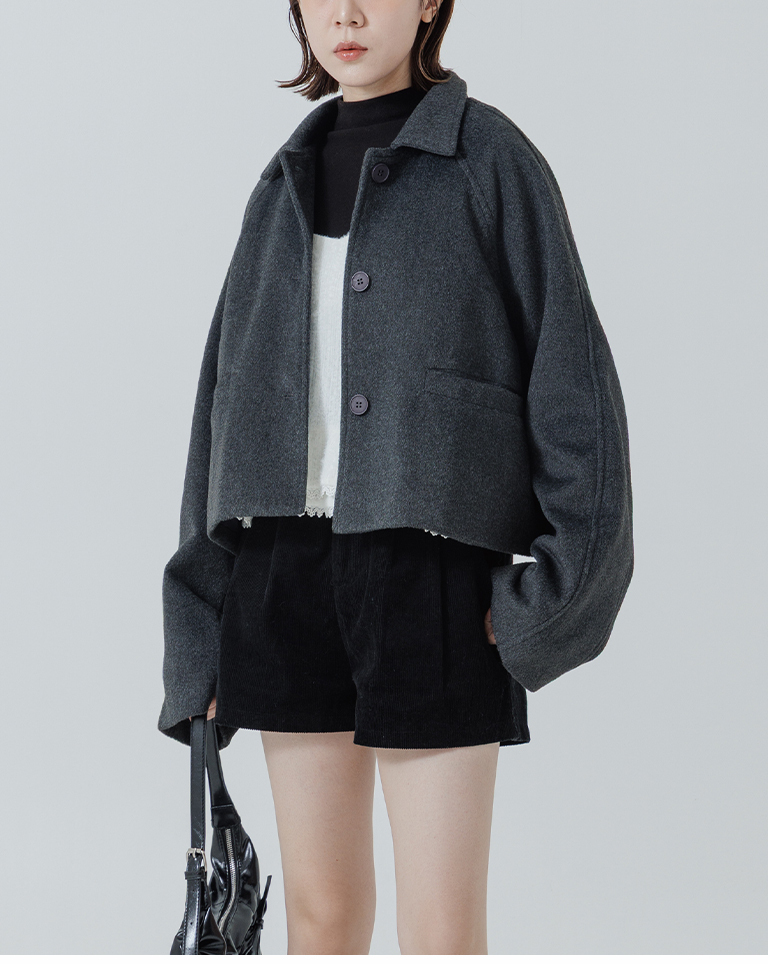 ウールブレンドボタンショートジャケット ダークグレー