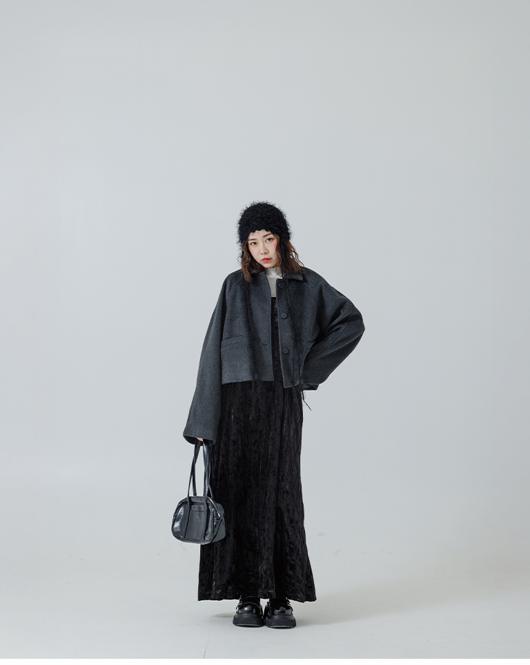 ウールブレンドボタンショートジャケット ダークグレー