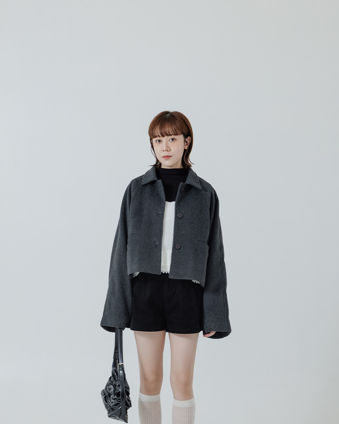 ウールブレンドボタンショートジャケット ダークグレー