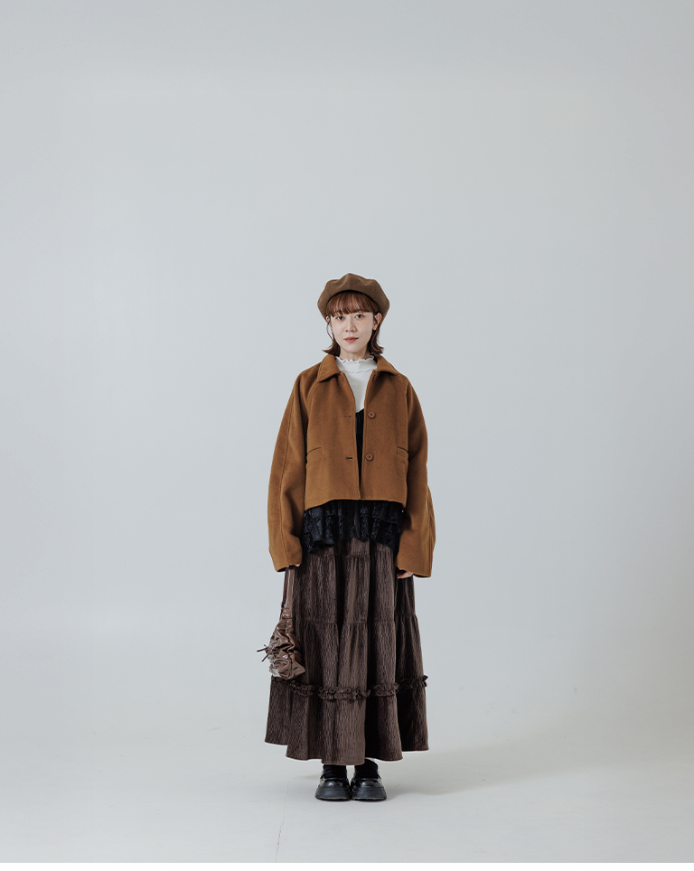 ウールブレンドボタンショートジャケット ブラウン