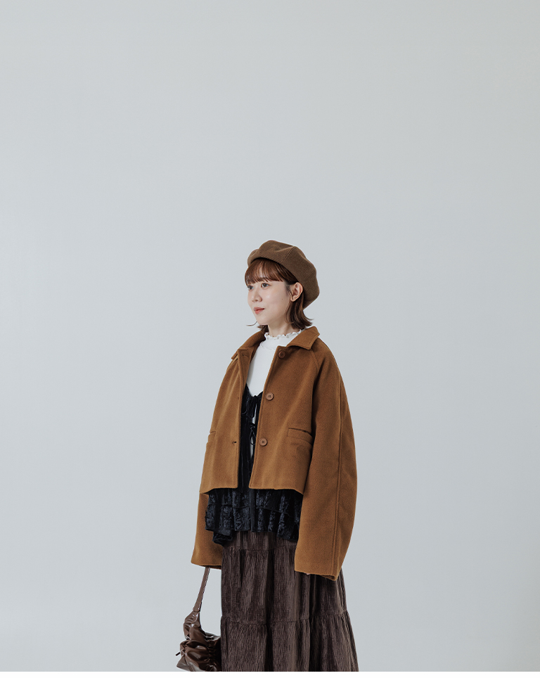 ウールブレンドボタンショートジャケット ブラウン