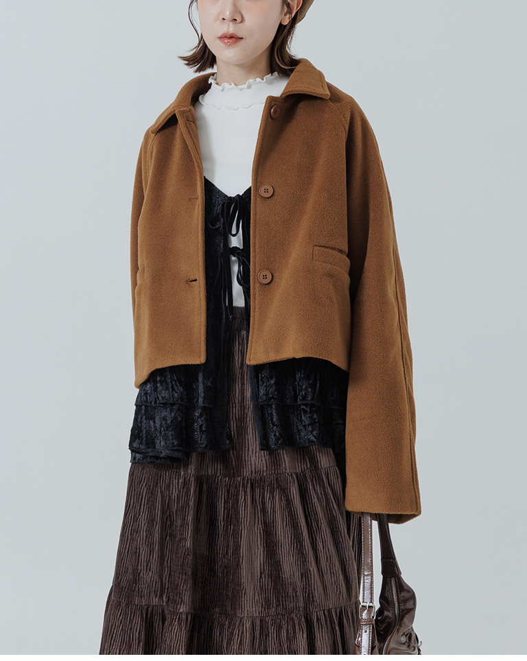 ウールブレンドボタンショートジャケット ブラウン