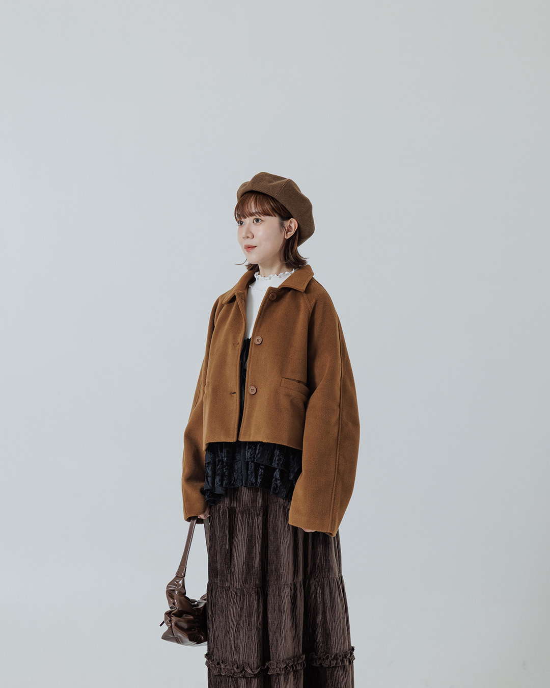 ウールブレンドボタンショートジャケット ブラウン