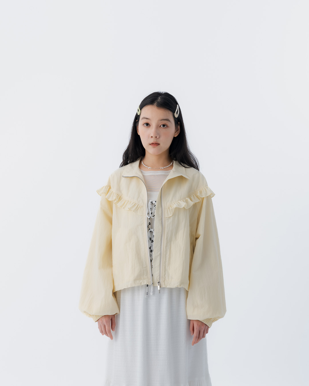 春8商未收到---フリル シャーリングジャケット 3色展開