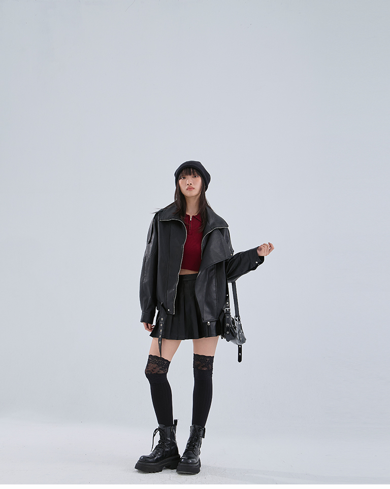 プリーツステッチレザースカート  2色展開