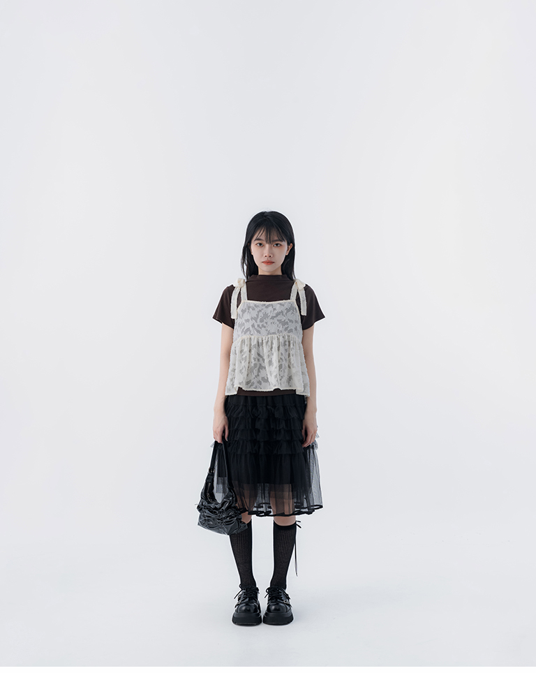 春12未到---ティアードフリルチュールミディスカート 2色展開