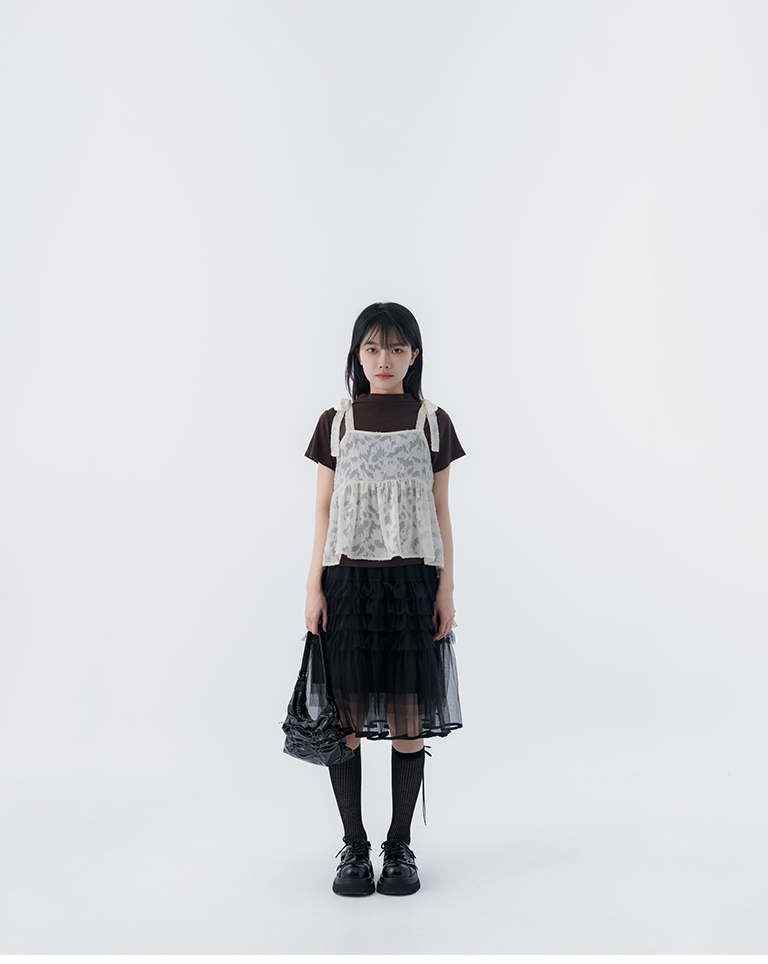 春12未到---ティアードフリルチュールミディスカート 2色展開