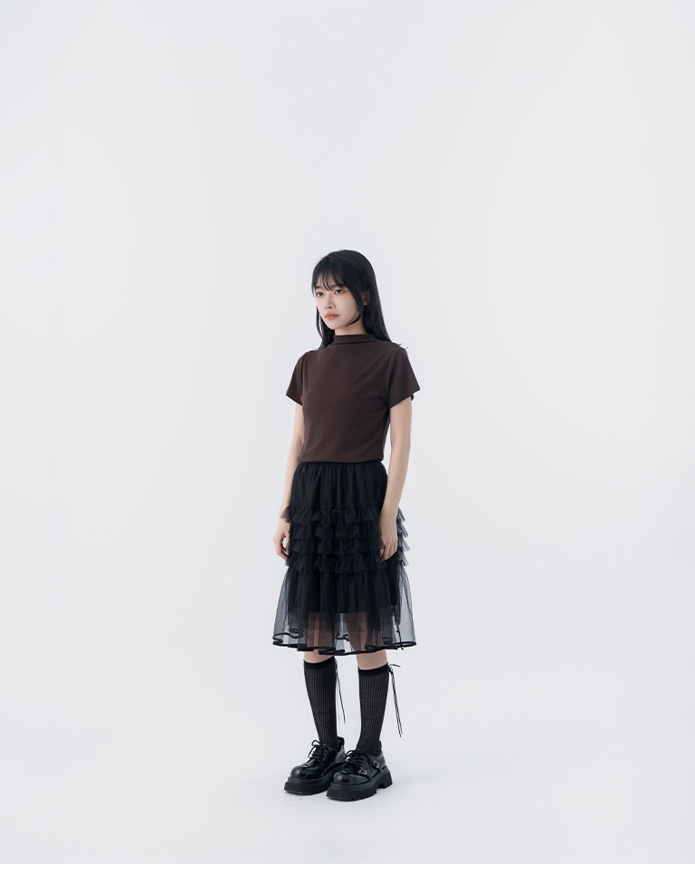 春12未到---ティアードフリルチュールミディスカート 2色展開
