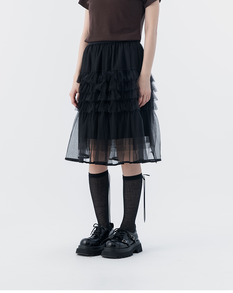春12未到---ティアードフリルチュールミディスカート 2色展開