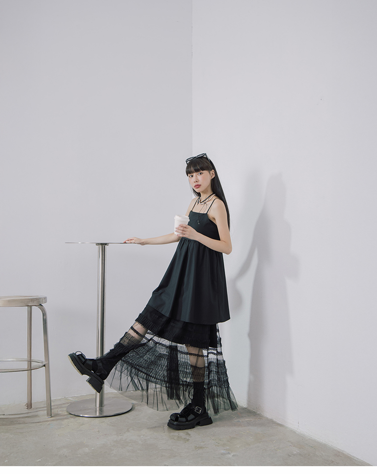 レース切替チュールティアードスカート 2色展開