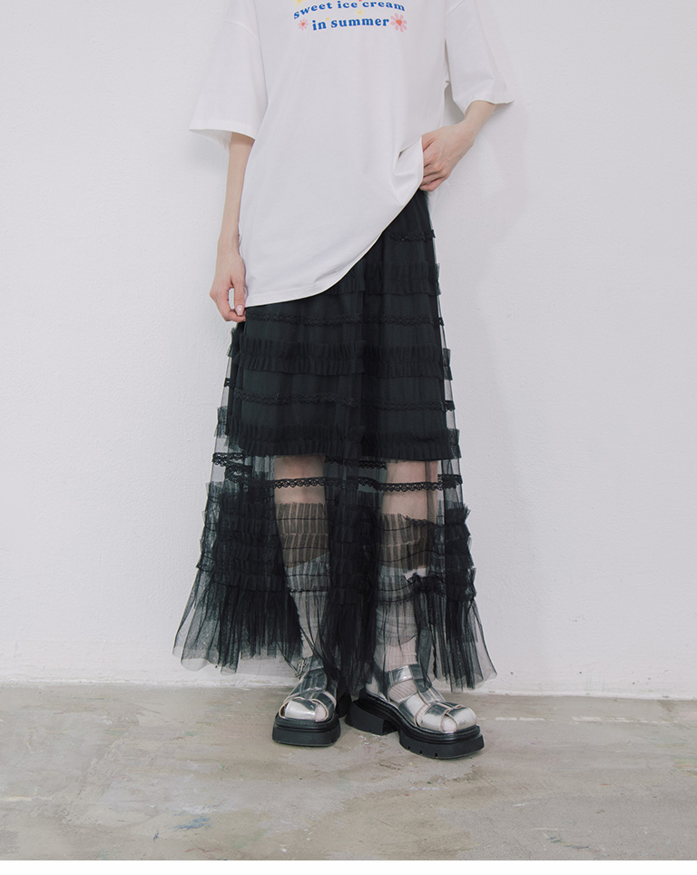 レース切替チュールティアードスカート 2色展開