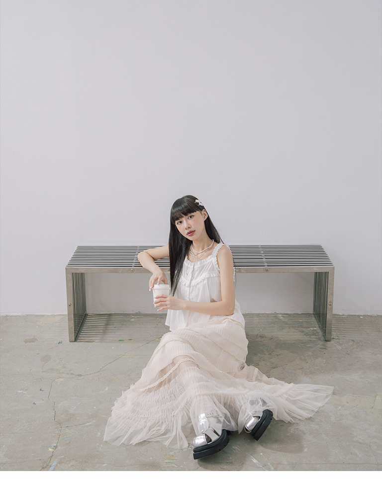 レース切替チュールティアードスカート 2色展開