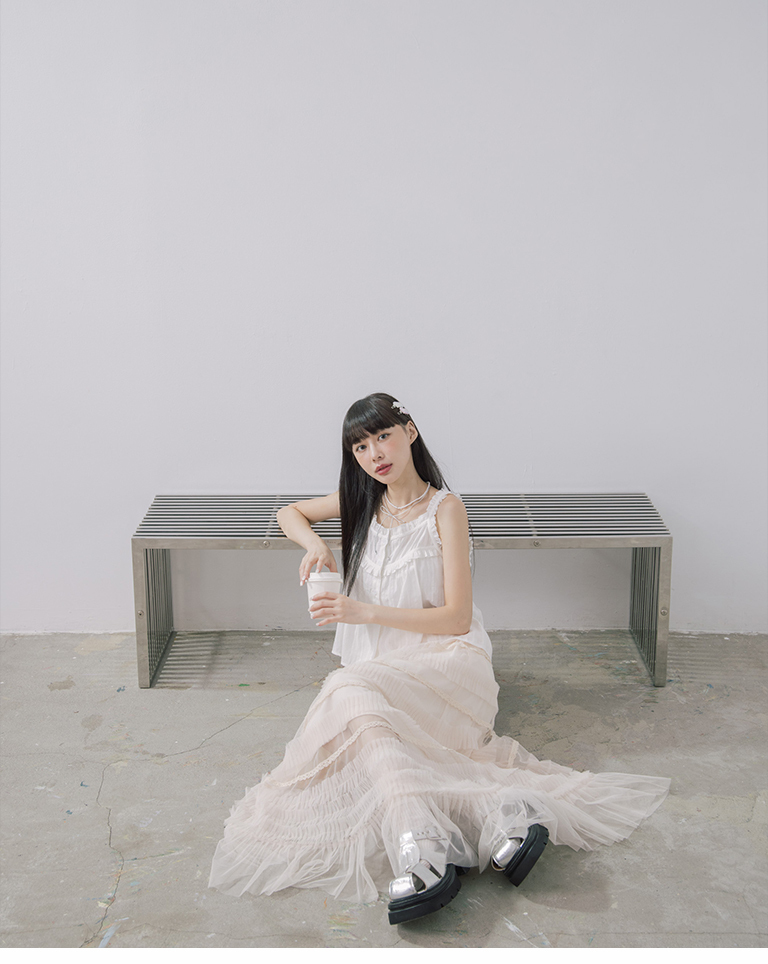 レース切替チュールティアードスカート 2色展開