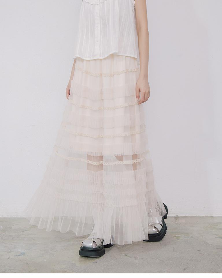レース切替チュールティアードスカート 2色展開