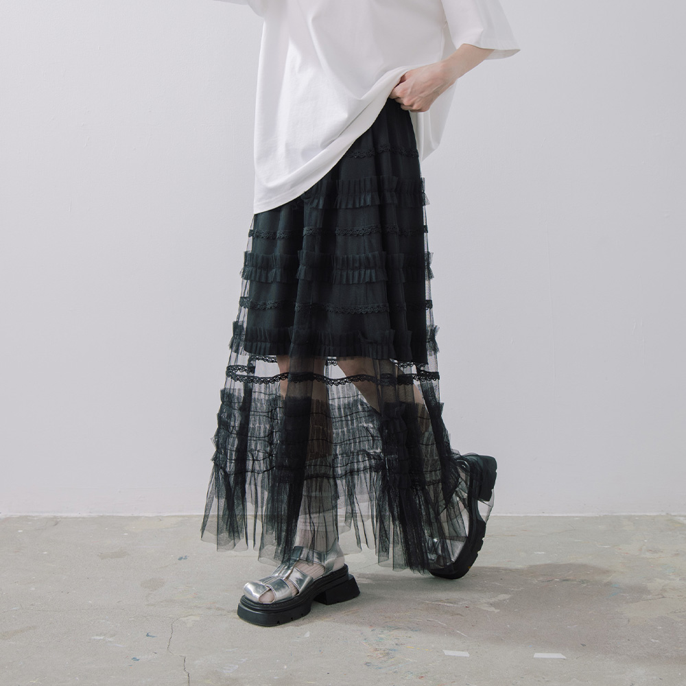 レース切替チュールティアードスカート 2色展開