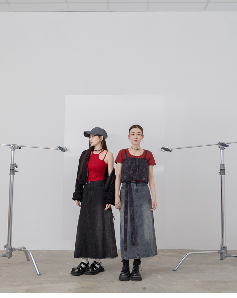 ウォッシュ加工フリンジデニムロングスカート S/M/L