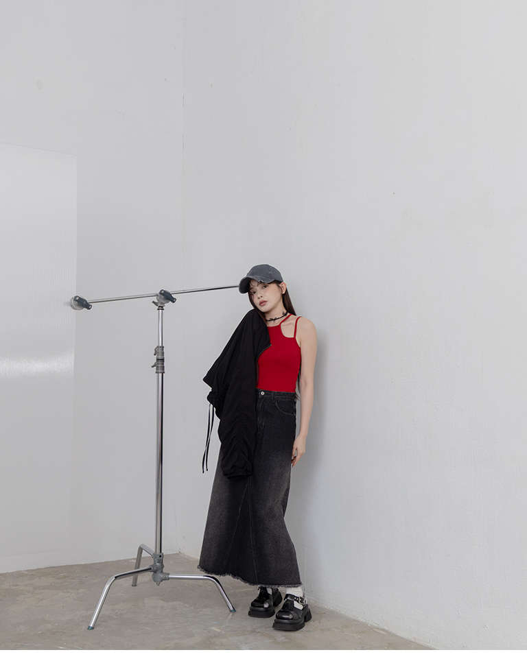 ウォッシュ加工フリンジデニムロングスカート S/M/L