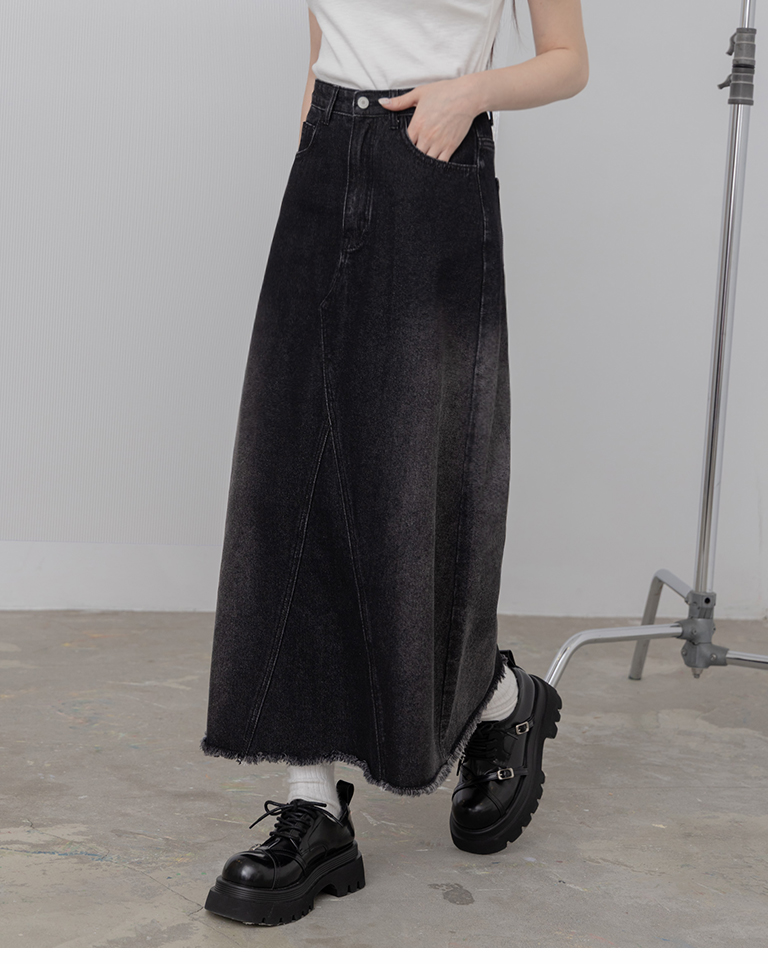ウォッシュ加工フリンジデニムロングスカート S/M/L