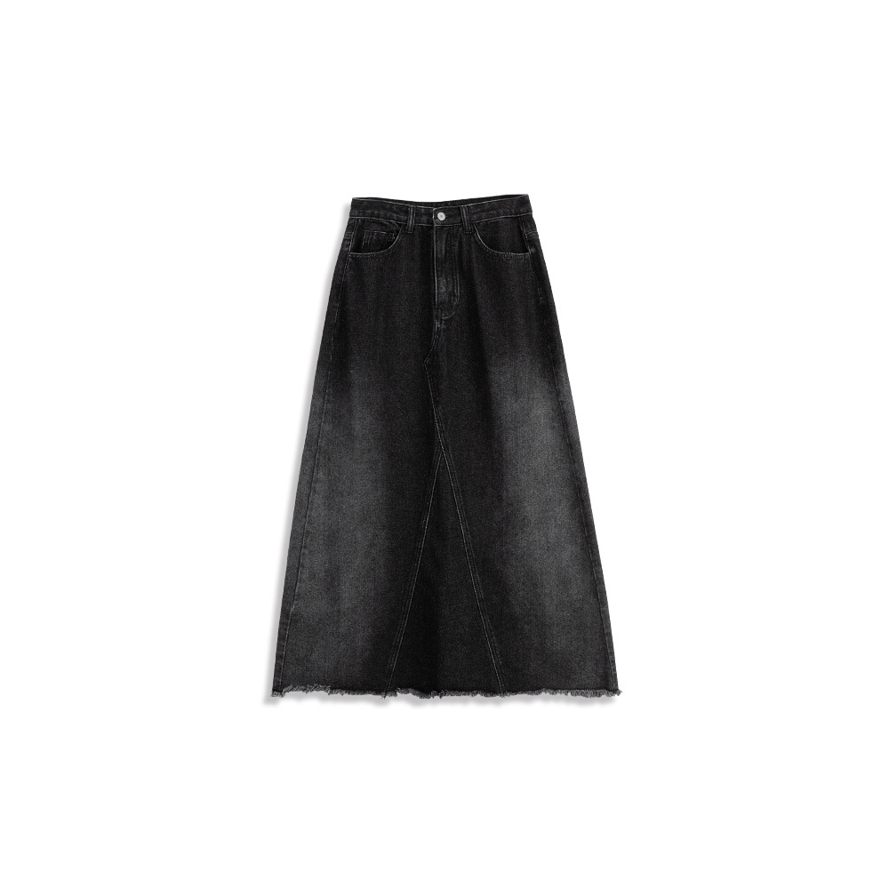 ウォッシュ加工フリンジデニムロングスカート S/M/L