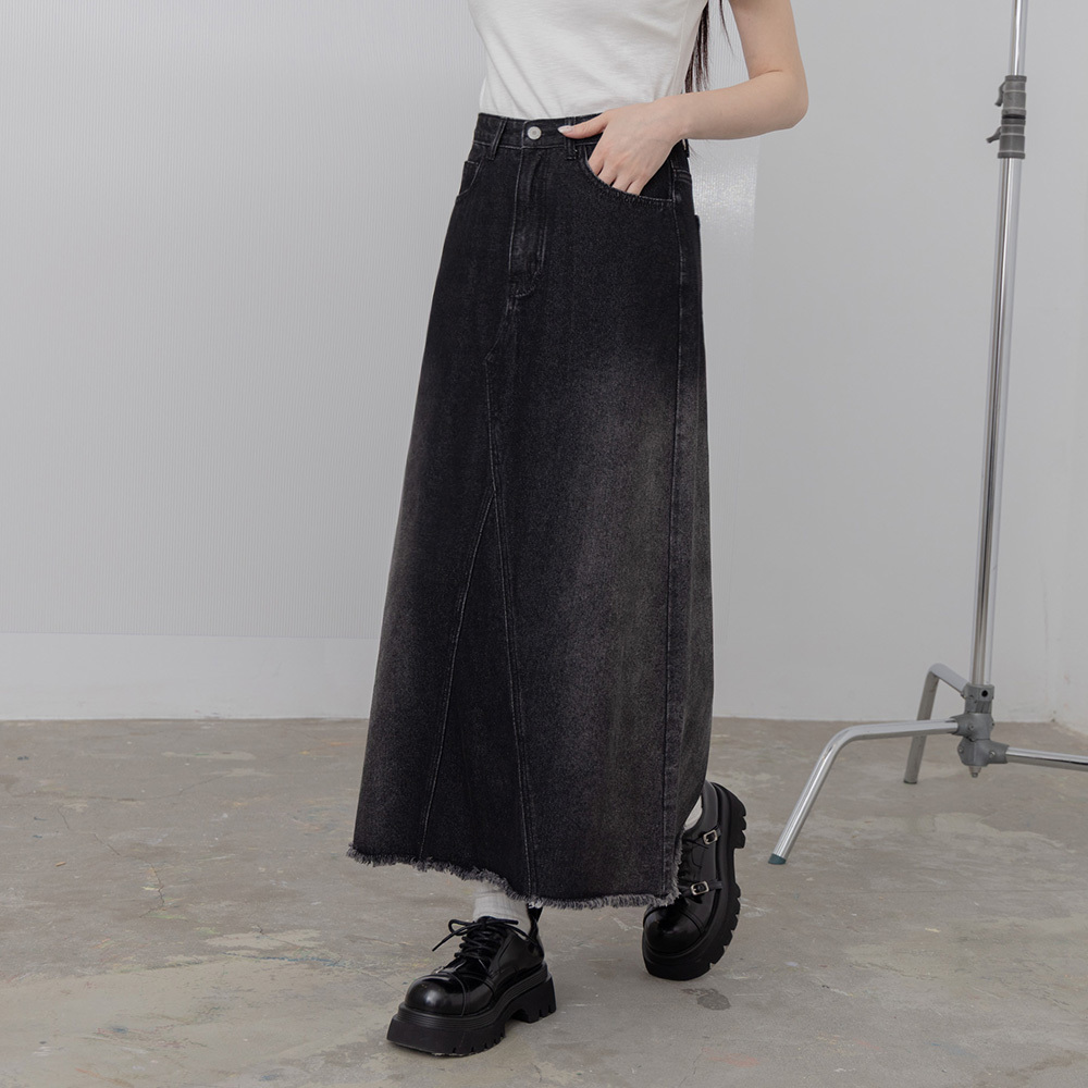 ウォッシュ加工フリンジデニムロングスカート S/M/L