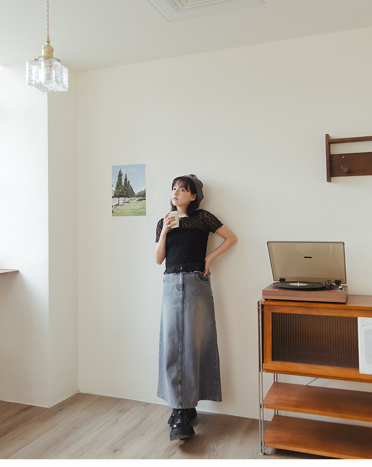 ウォッシュカラーAラインデニムロングスカート S/M