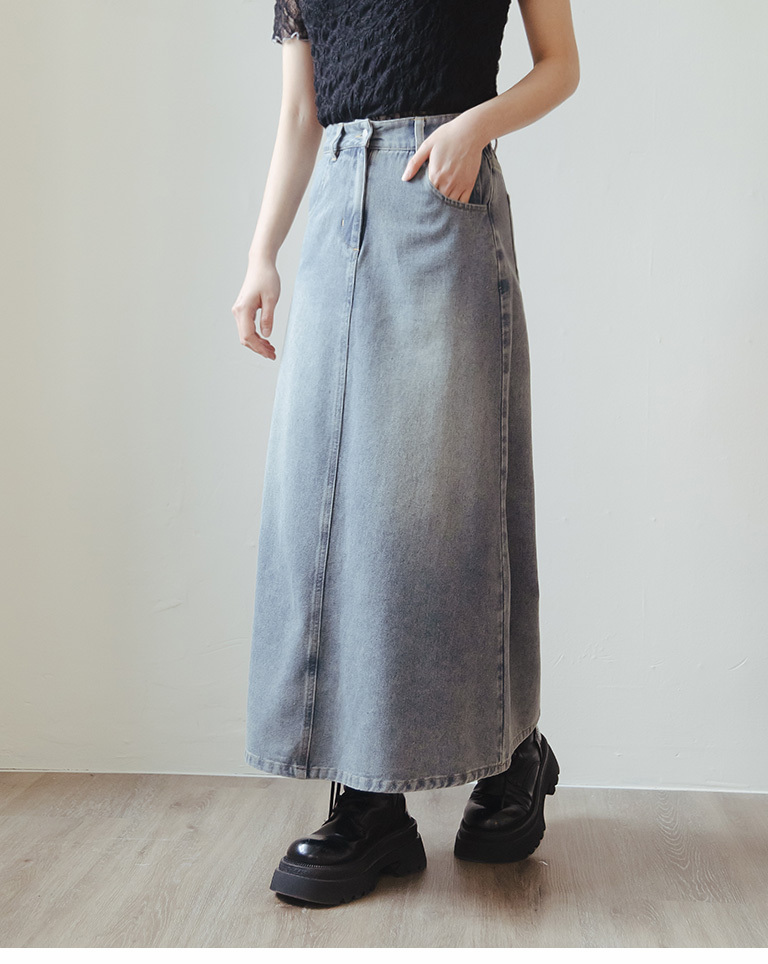 ウォッシュカラーAラインデニムロングスカート S/M