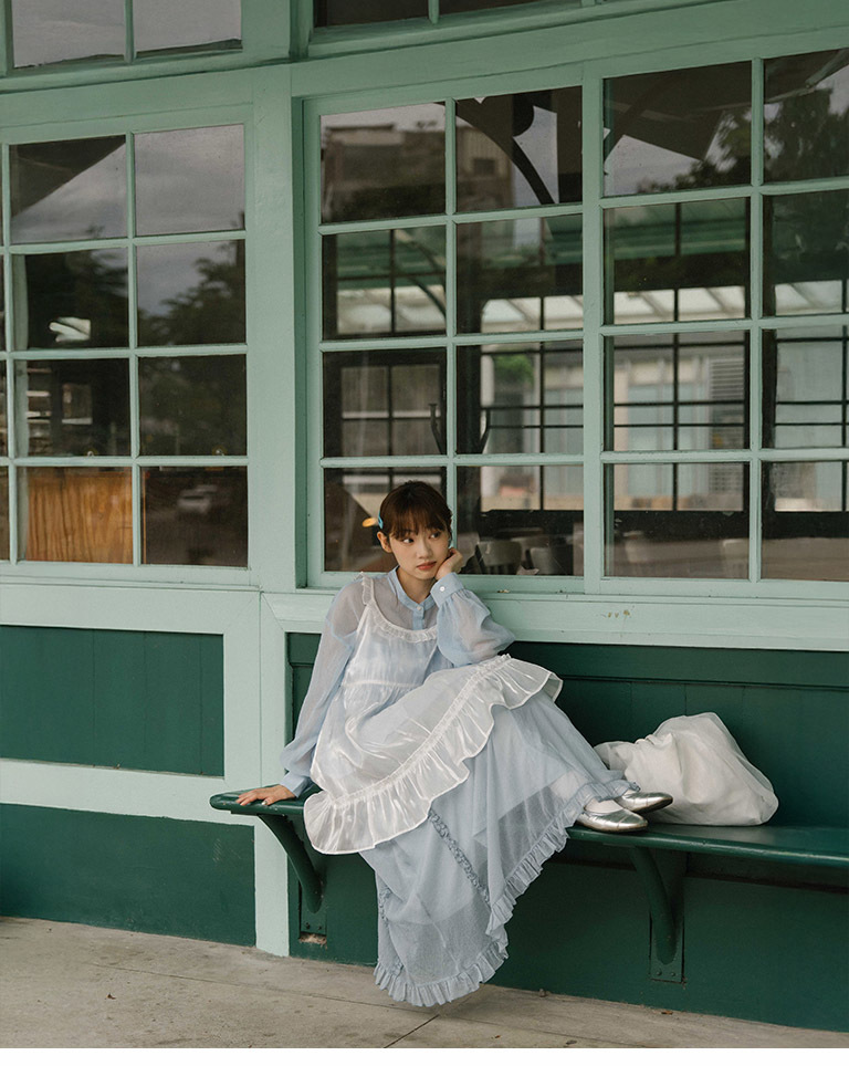 フリルシフォンロングスカート ブルー