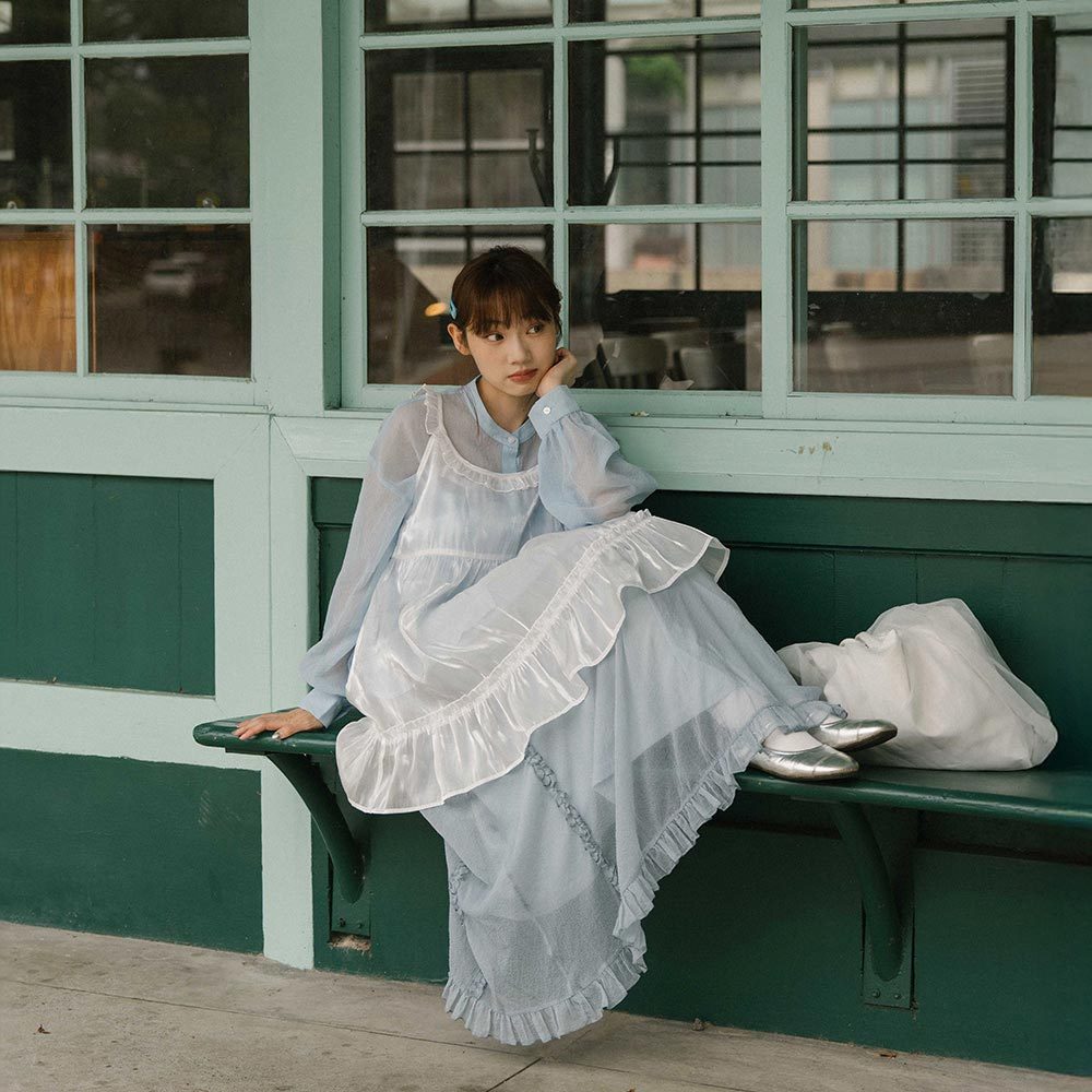 フリルシフォンロングスカート ブルー