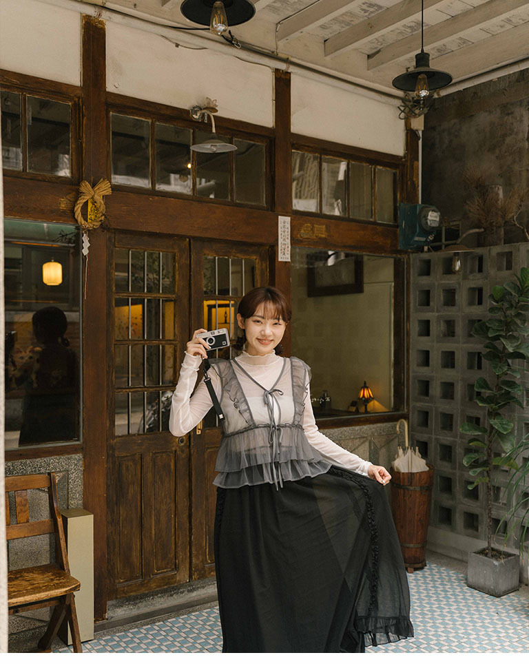 フリルシフォンロングスカート ブラック