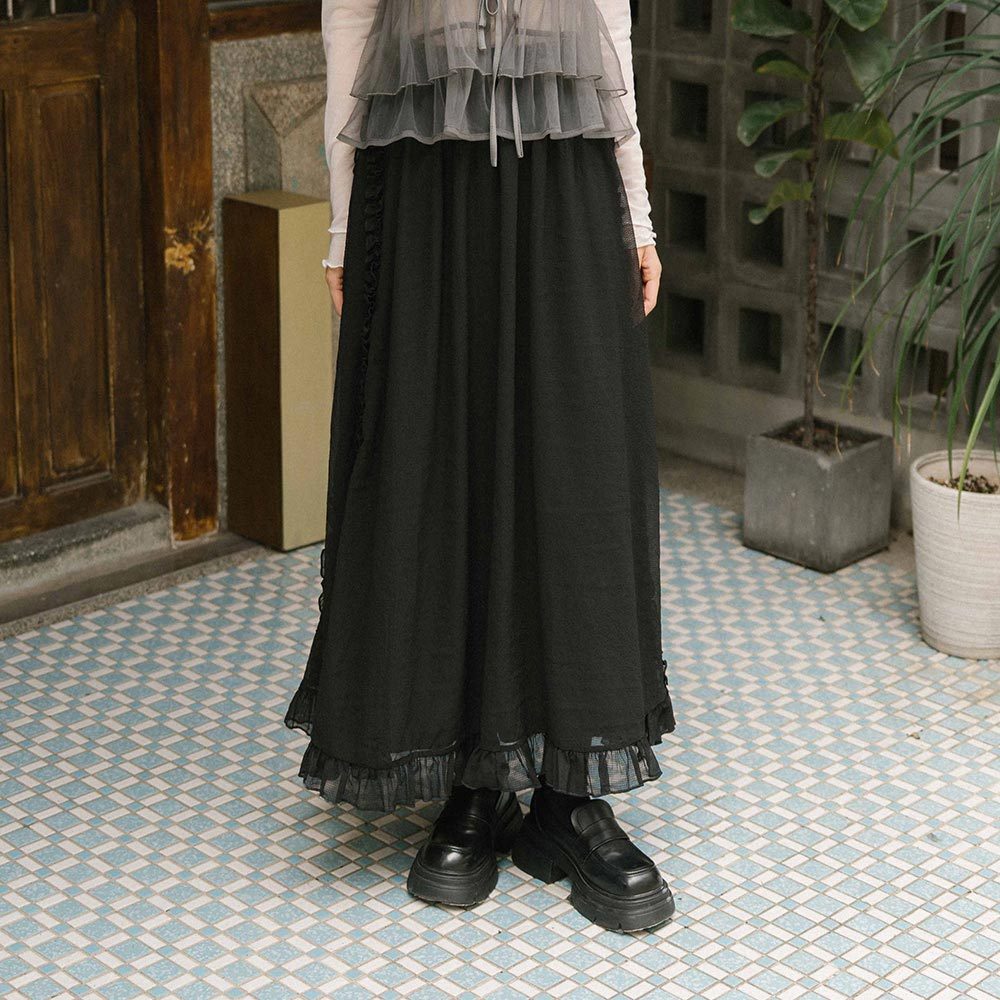 フリルシフォンロングスカート ブラック