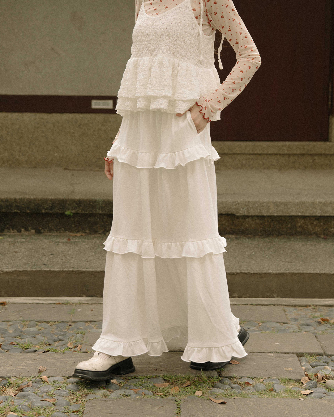 サイドリボンフリルティアードスカート 3色展開