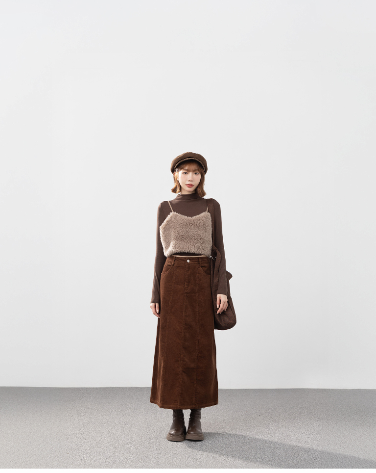コーデュロイストレートロングスカート ブラウン
