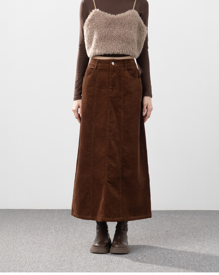 コーデュロイストレートロングスカート ブラウン