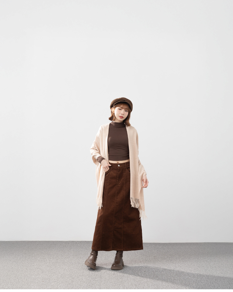 コーデュロイストレートロングスカート ブラウン