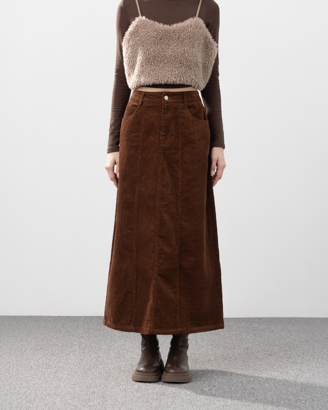 コーデュロイストレートロングスカート ブラウン