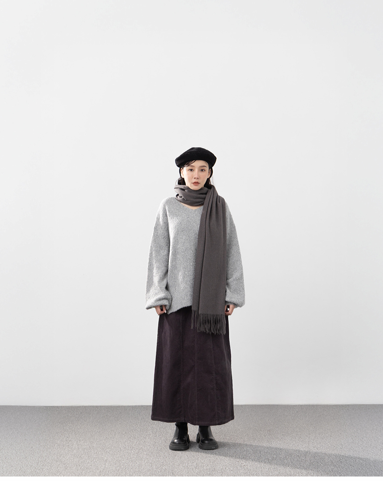 コーデュロイストレートロングスカート グレー