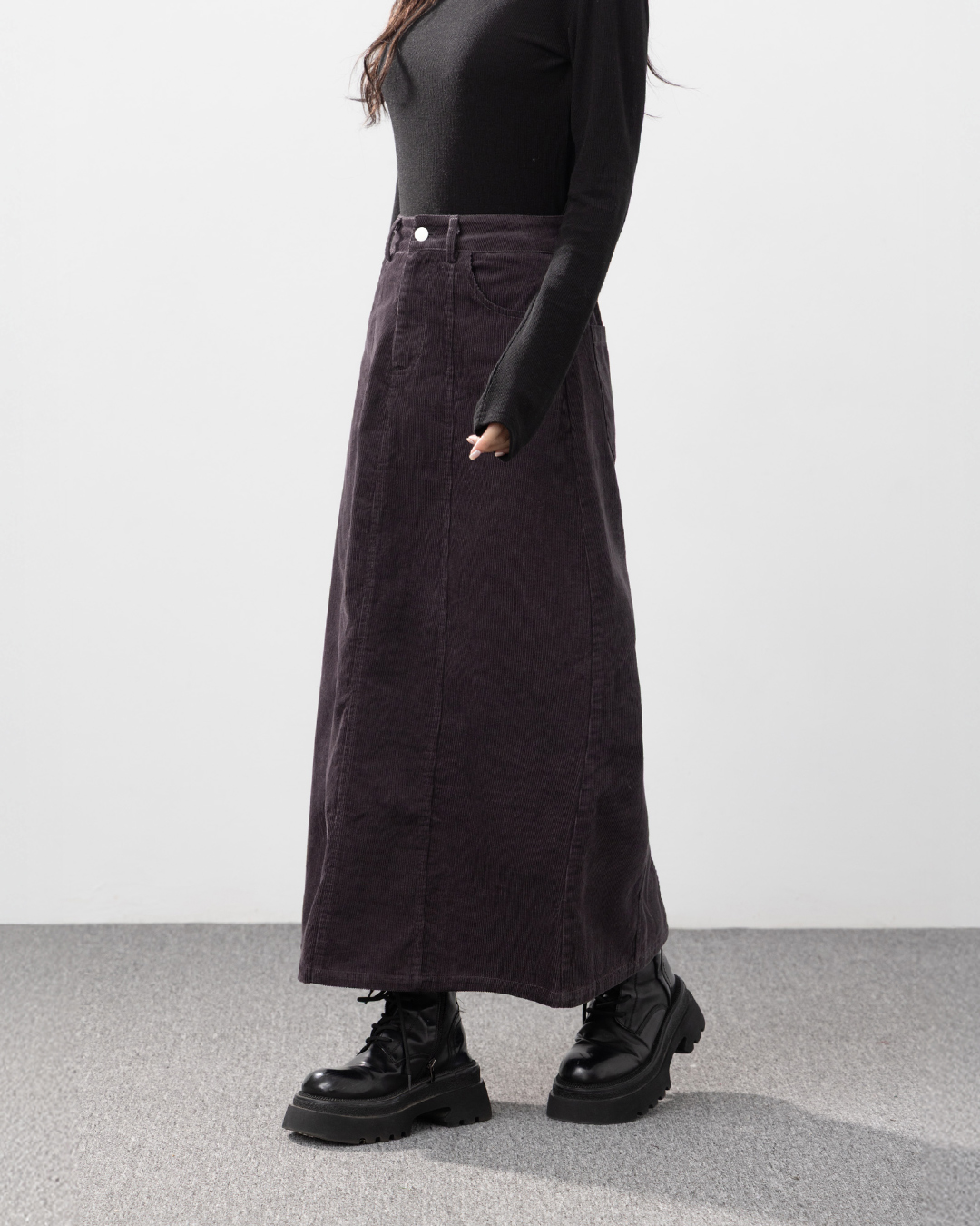 コーデュロイストレートロングスカート グレー