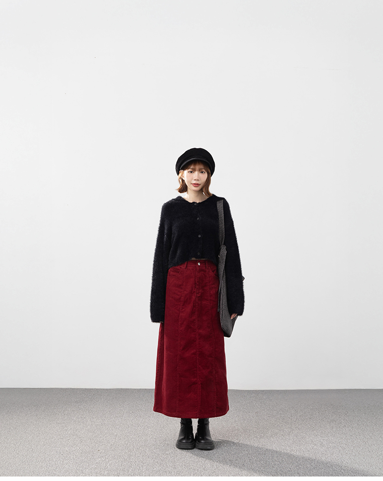 コーデュロイストレートロングスカート レッド